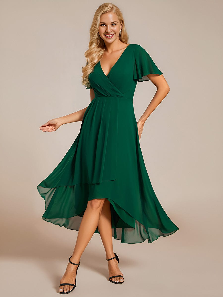 Custom Size Chiffon Elegance Short Sleeve High-Low Wedding Guest Dress #color_Dark Green