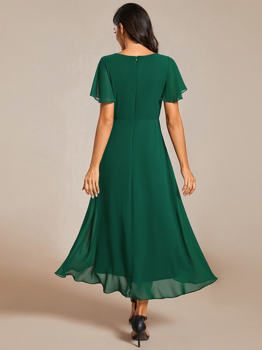 Chiffon Elegance Short Sleeve High-Low Wedding Guest Dress #color_Dark Green