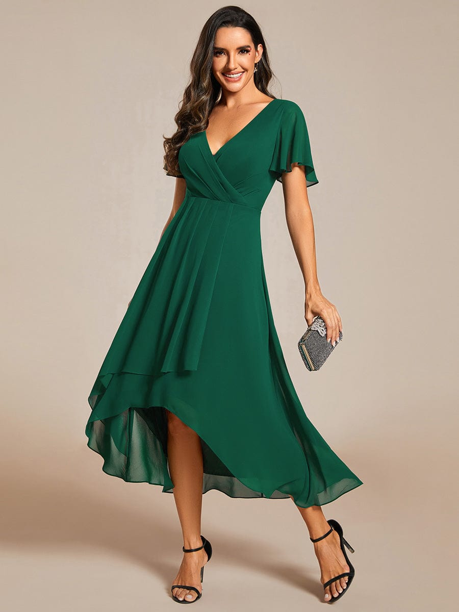 Chiffon Elegance Short Sleeve High-Low Wedding Guest Dress #color_Dark Green