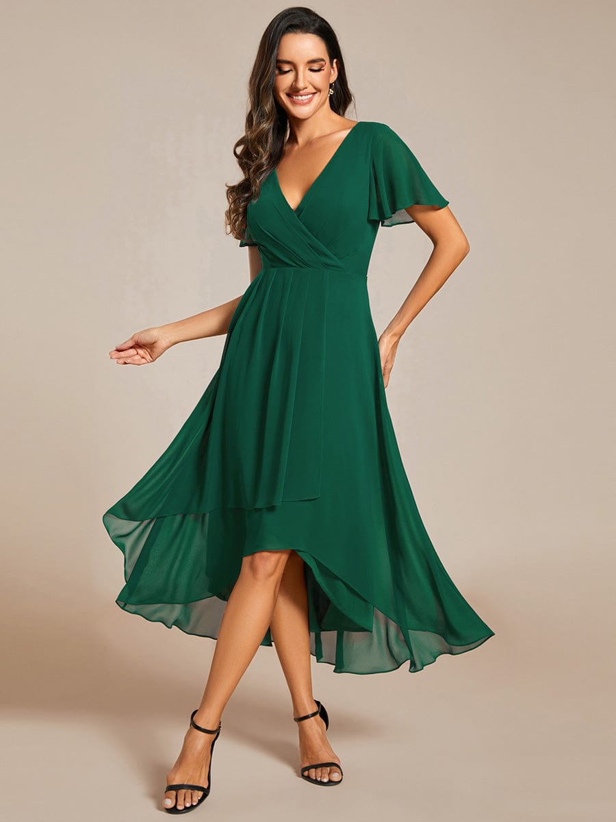 Chiffon Elegance Short Sleeve High-Low Wedding Guest Dress #color_Dark Green