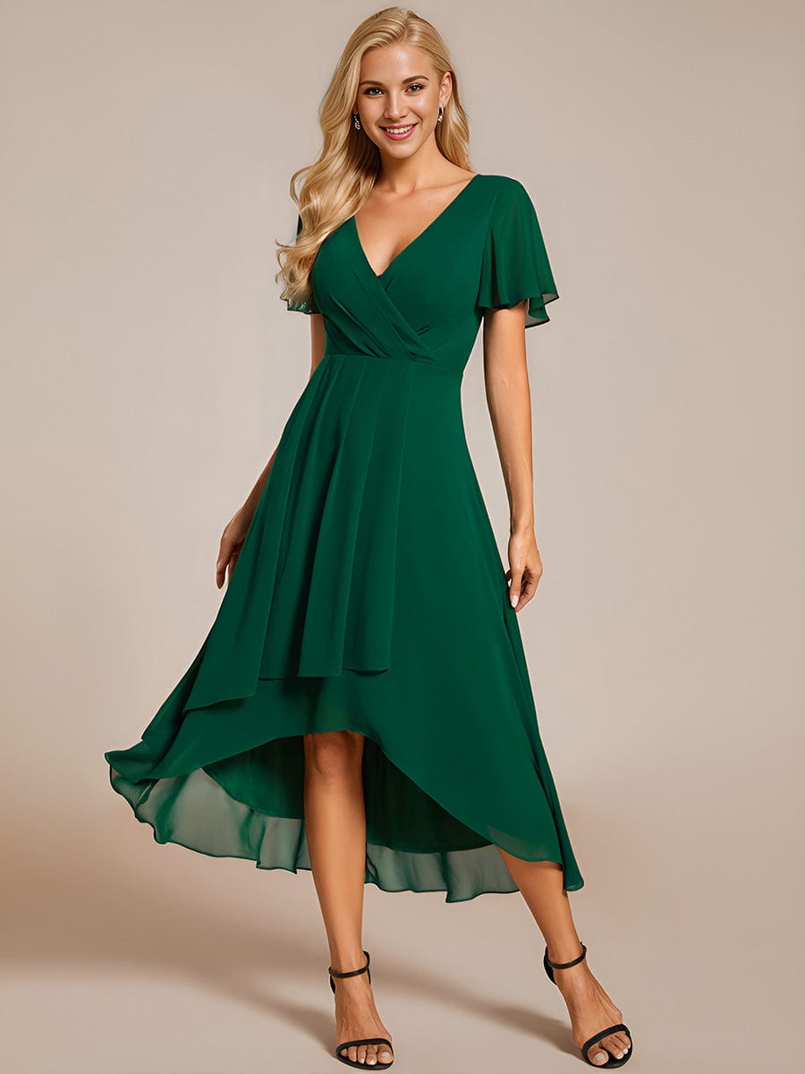 Chiffon Elegance Short Sleeve High-Low Wedding Guest Dress #color_Dark Green