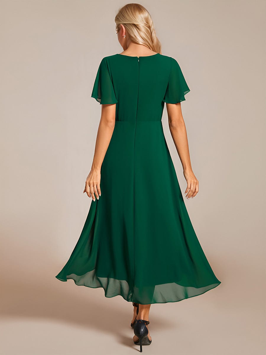 Chiffon Elegance Short Sleeve High-Low Wedding Guest Dress #color_Dark Green