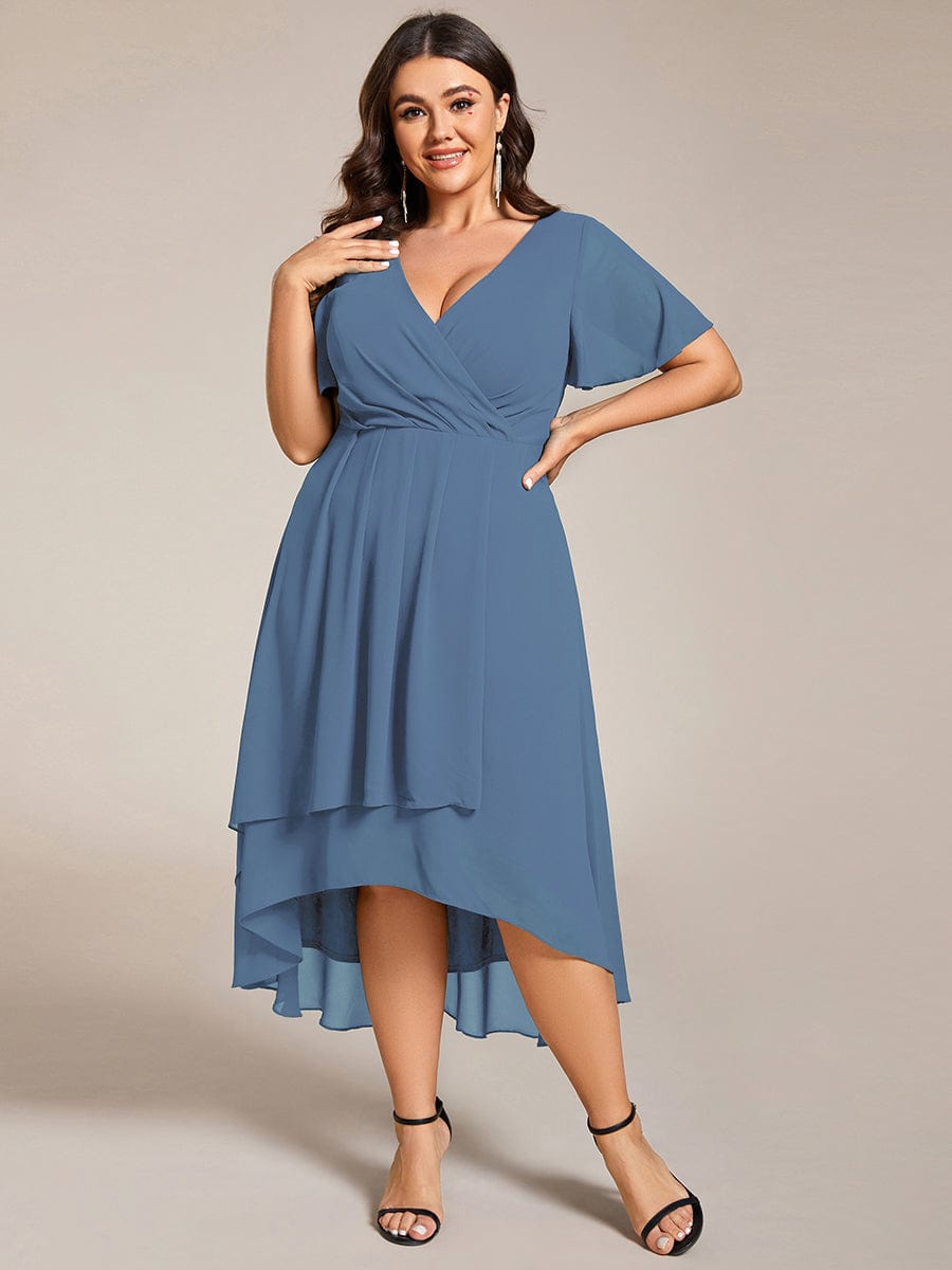 Plus Size Chiffon Short Sleeve High-Low Wedding Guest Dress #color_Dusty Navy