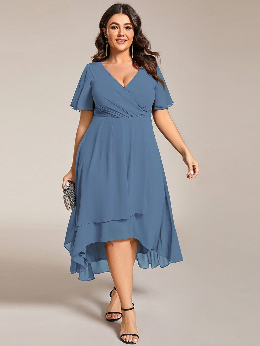 Chiffon Elegance Short Sleeve High-Low Wedding Guest Dress #color_Dusty Navy