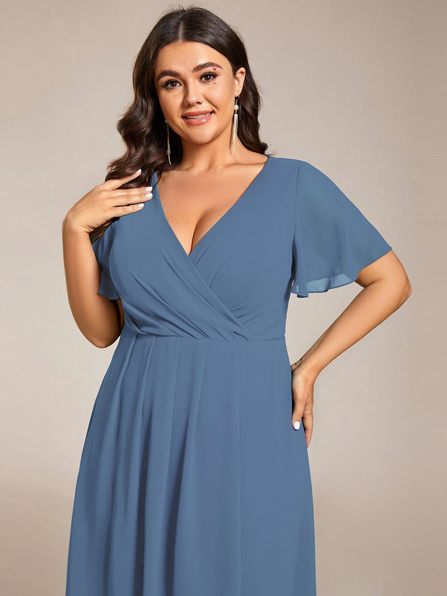 Plus Size Chiffon Short Sleeve High-Low Wedding Guest Dress #color_Dusty Navy