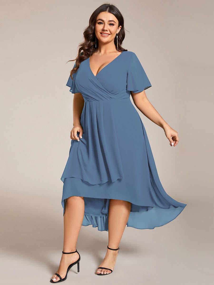 Plus Size Chiffon Short Sleeve High-Low Wedding Guest Dress #color_Dusty Navy