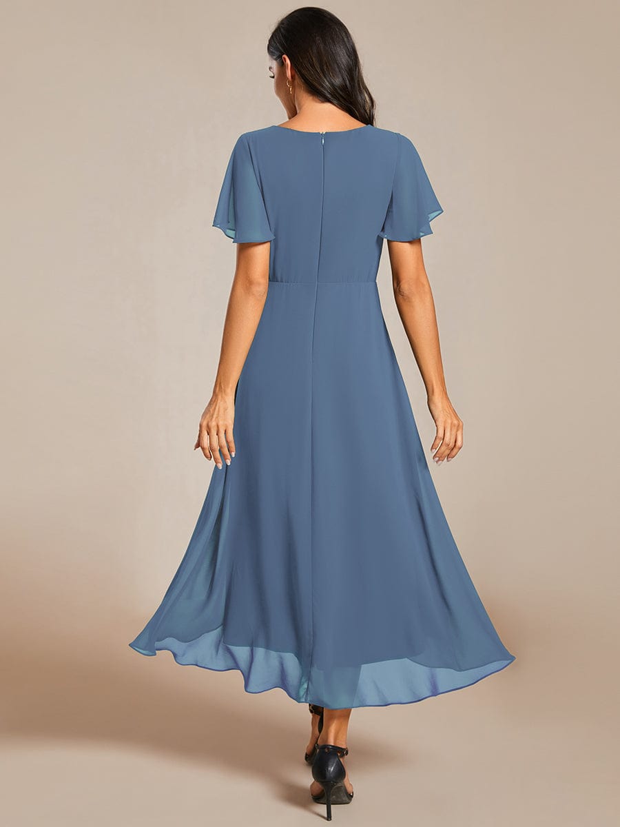 Chiffon Elegance Short Sleeve High-Low Wedding Guest Dress #color_Dusty Navy