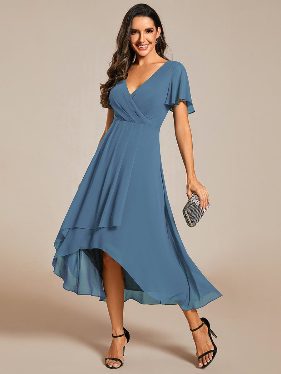 Custom Size Chiffon Elegance Short Sleeve High-Low Wedding Guest Dress #color_Dusty Navy