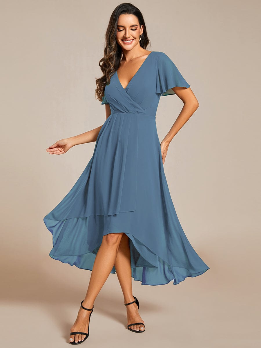 Chiffon Elegance Short Sleeve High-Low Wedding Guest Dress #color_Dusty Navy