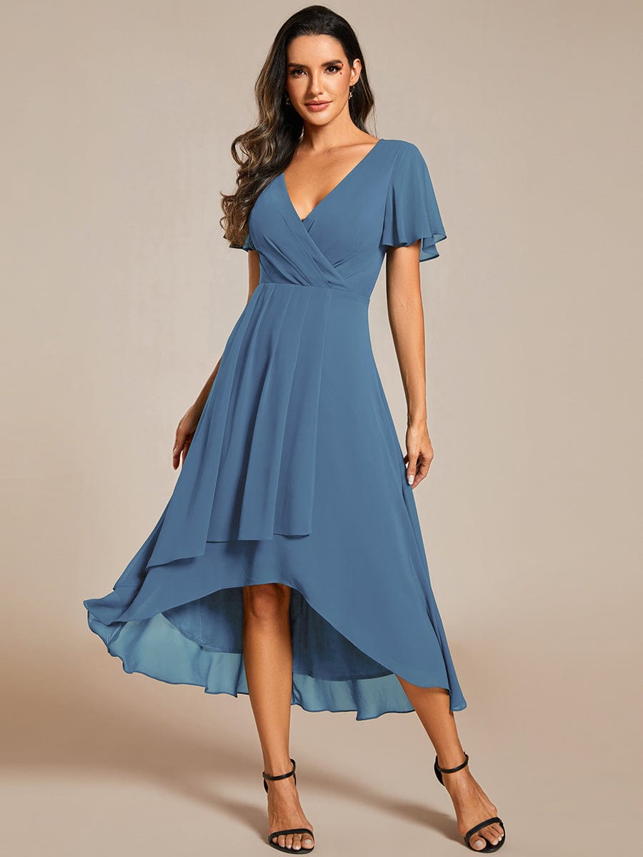 Custom Size Chiffon Elegance Short Sleeve High-Low Wedding Guest Dress #color_Dusty Navy