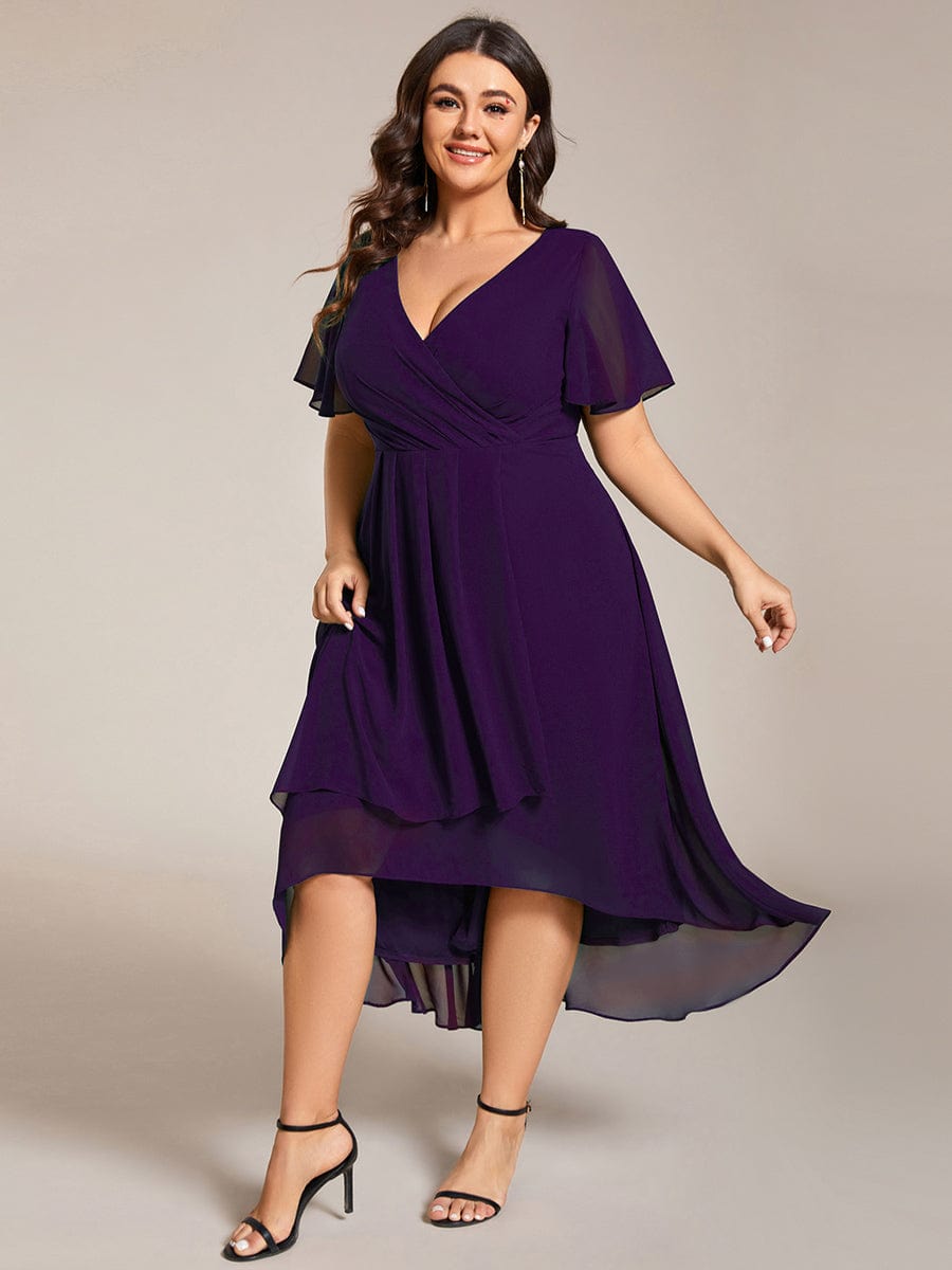 Plus Size Chiffon Short Sleeve High-Low Wedding Guest Dress #color_Dark Purple