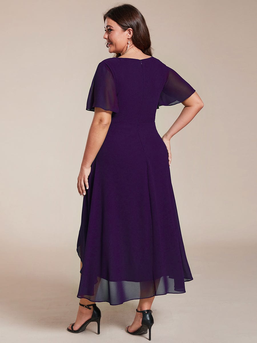 Chiffon Elegance Short Sleeve High-Low Wedding Guest Dress #color_Dark Purple