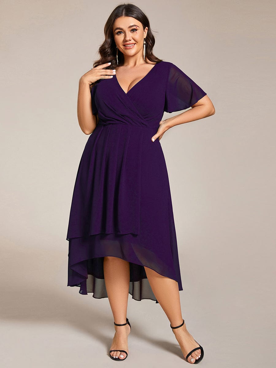 Chiffon Elegance Short Sleeve High-Low Wedding Guest Dress #color_Dark Purple