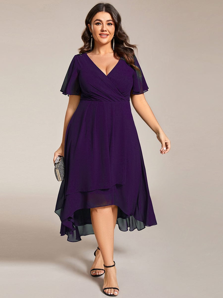 Chiffon Elegance Short Sleeve High-Low Wedding Guest Dress #color_Dark Purple