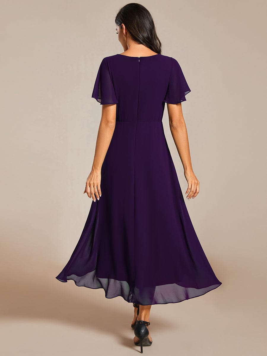 Chiffon Elegance Short Sleeve High-Low Wedding Guest Dress #color_Dark Purple