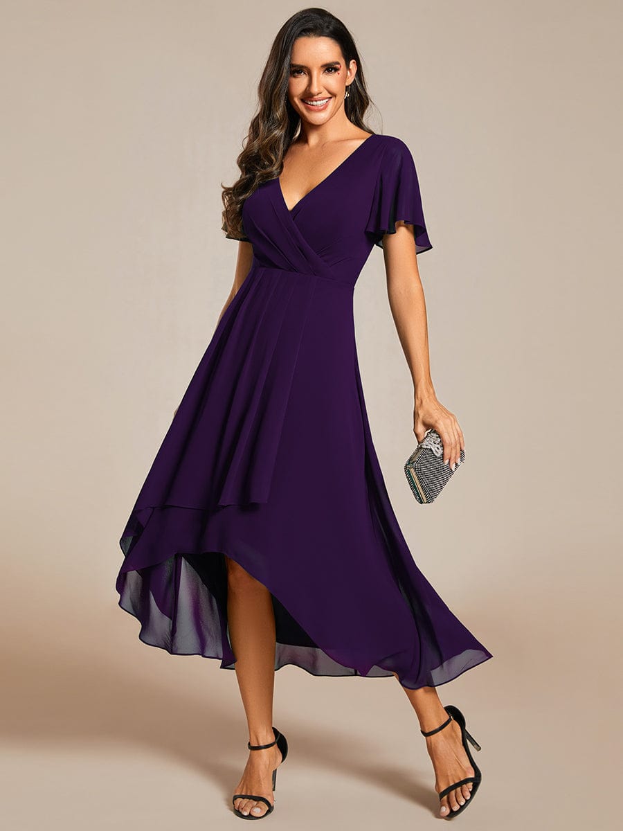 Chiffon Elegance Short Sleeve High-Low Wedding Guest Dress #color_Dark Purple