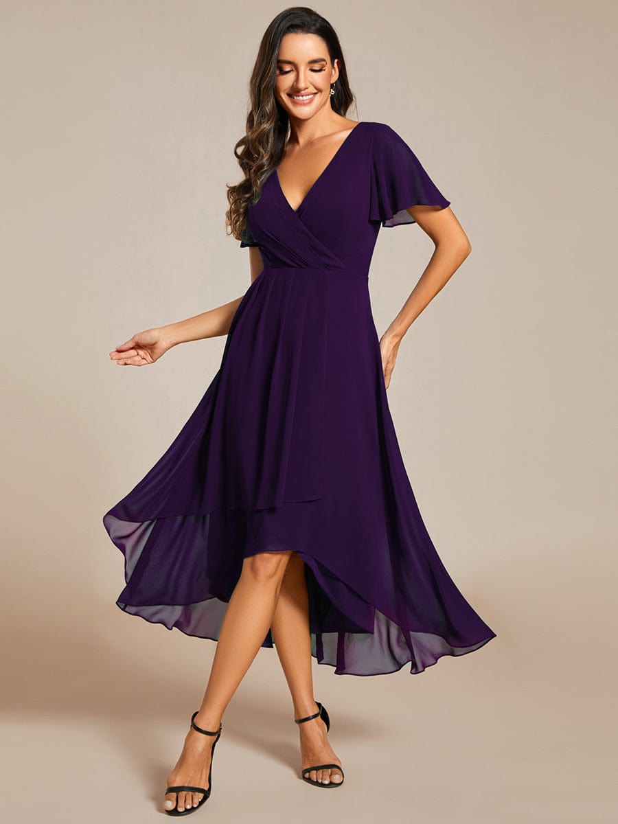 Chiffon Elegance Short Sleeve High-Low Wedding Guest Dress #color_Dark Purple