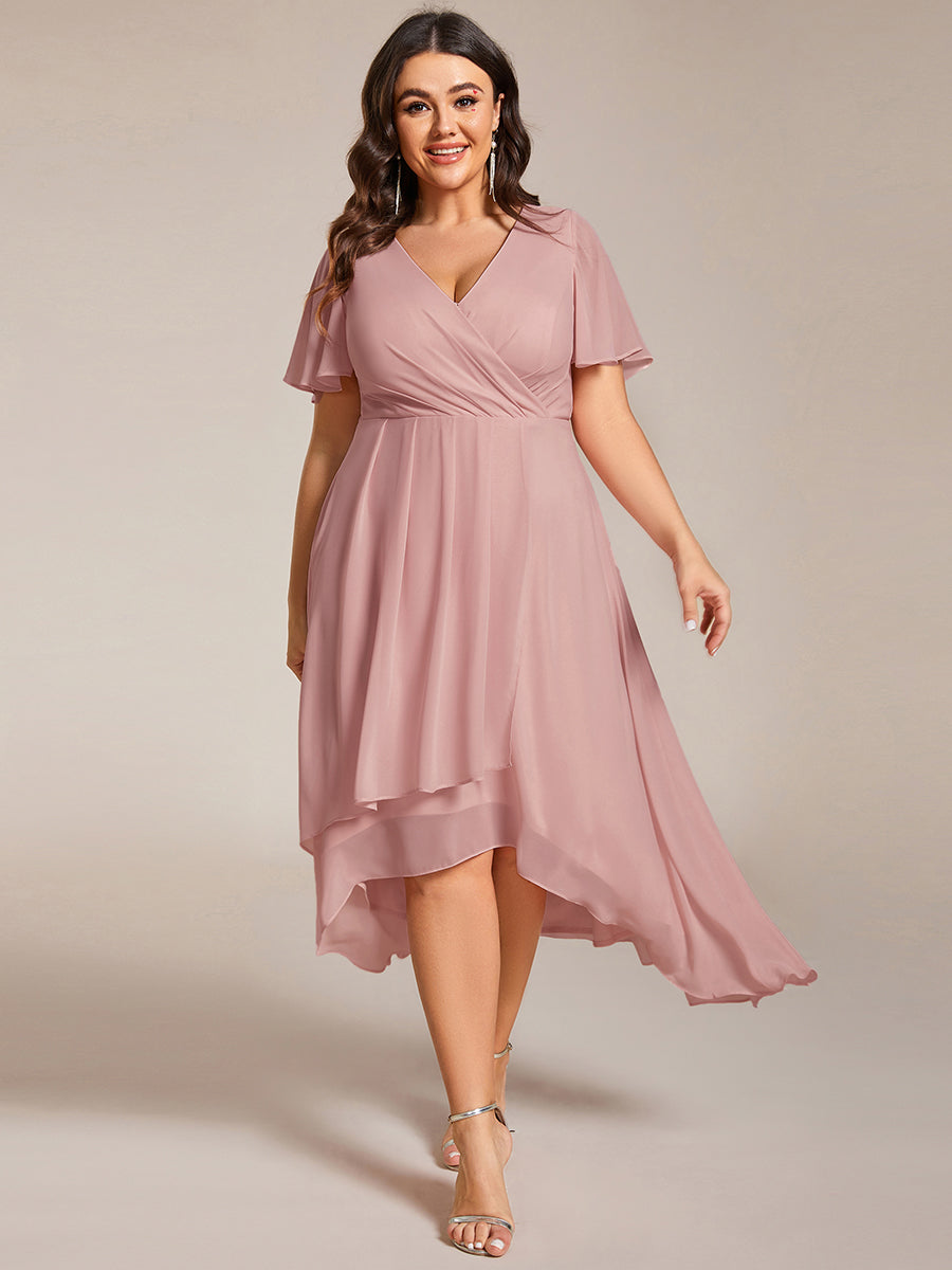 Chiffon Elegance Short Sleeve High-Low Wedding Guest Dress #color_Dusty Rose