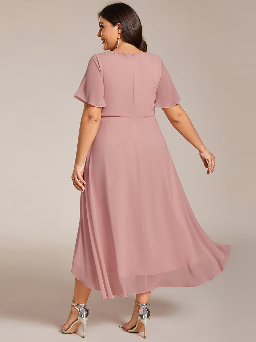 Chiffon Elegance Short Sleeve High-Low Wedding Guest Dress #color_Dusty Rose