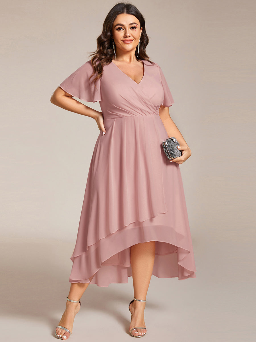 Chiffon Elegance Short Sleeve High-Low Wedding Guest Dress #color_Dusty Rose