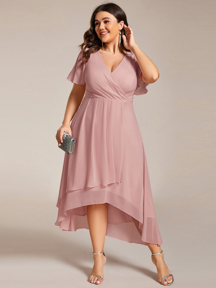 Chiffon Elegance Short Sleeve High-Low Wedding Guest Dress #color_Dusty Rose