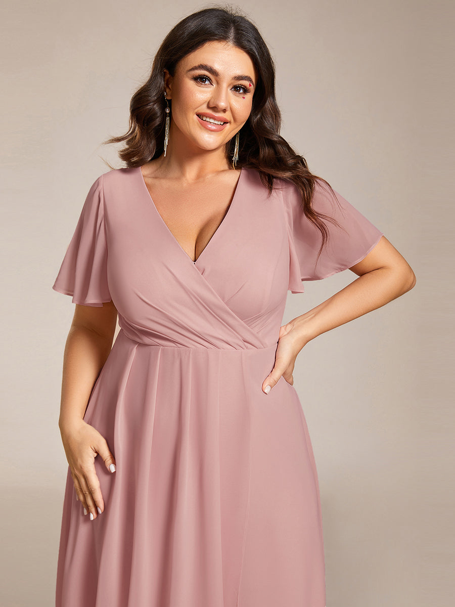 Chiffon Elegance Short Sleeve High-Low Wedding Guest Dress #color_Dusty Rose