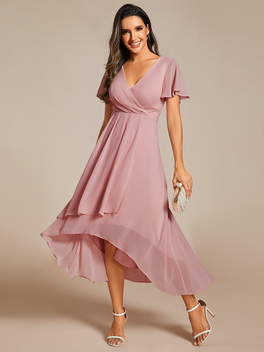 Chiffon Elegance Short Sleeve High-Low Wedding Guest Dress #color_Dusty Rose