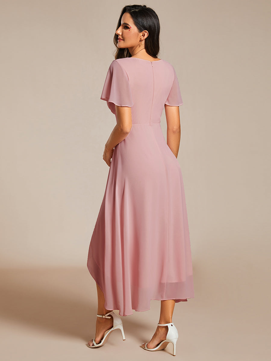 Chiffon Elegance Short Sleeve High-Low Wedding Guest Dress #color_Dusty Rose