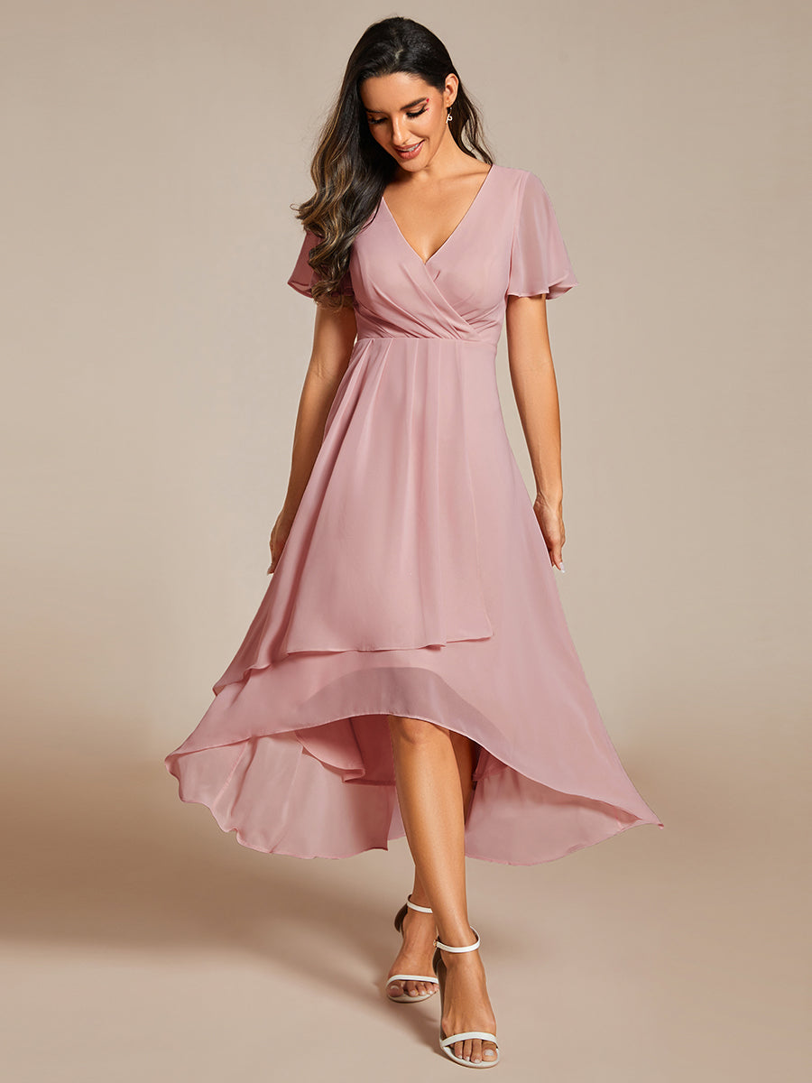 Chiffon Elegance Short Sleeve High-Low Wedding Guest Dress #color_Dusty Rose