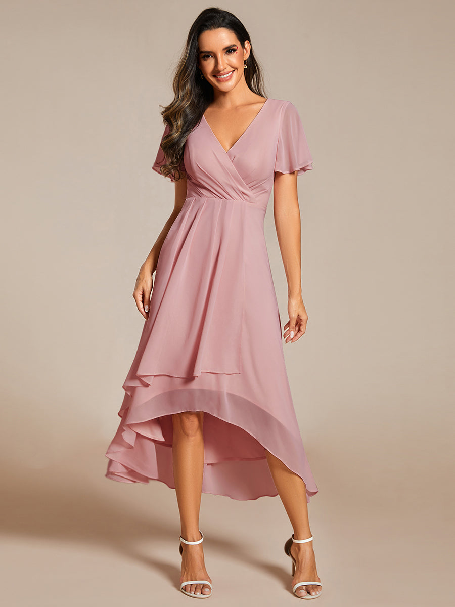 Chiffon Elegance Short Sleeve High-Low Wedding Guest Dress #color_Dusty Rose