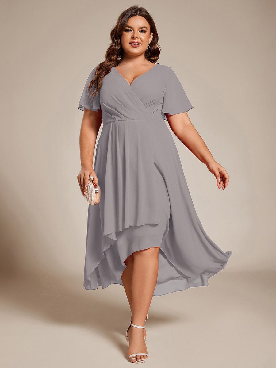 Plus Size Chiffon Short Sleeve High-Low Wedding Guest Dress #color_Grey