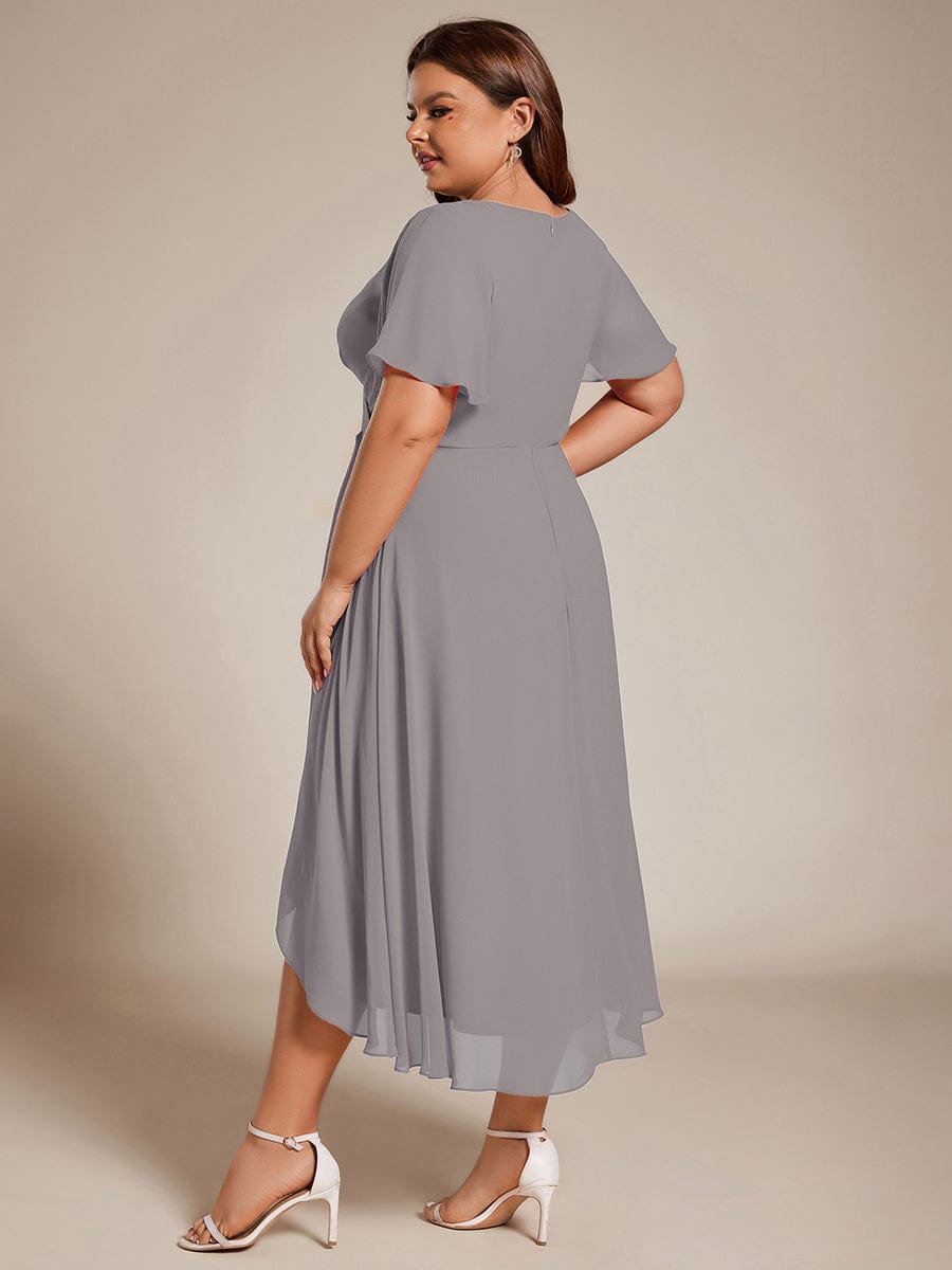 Chiffon Elegance Short Sleeve High-Low Wedding Guest Dress #color_Grey