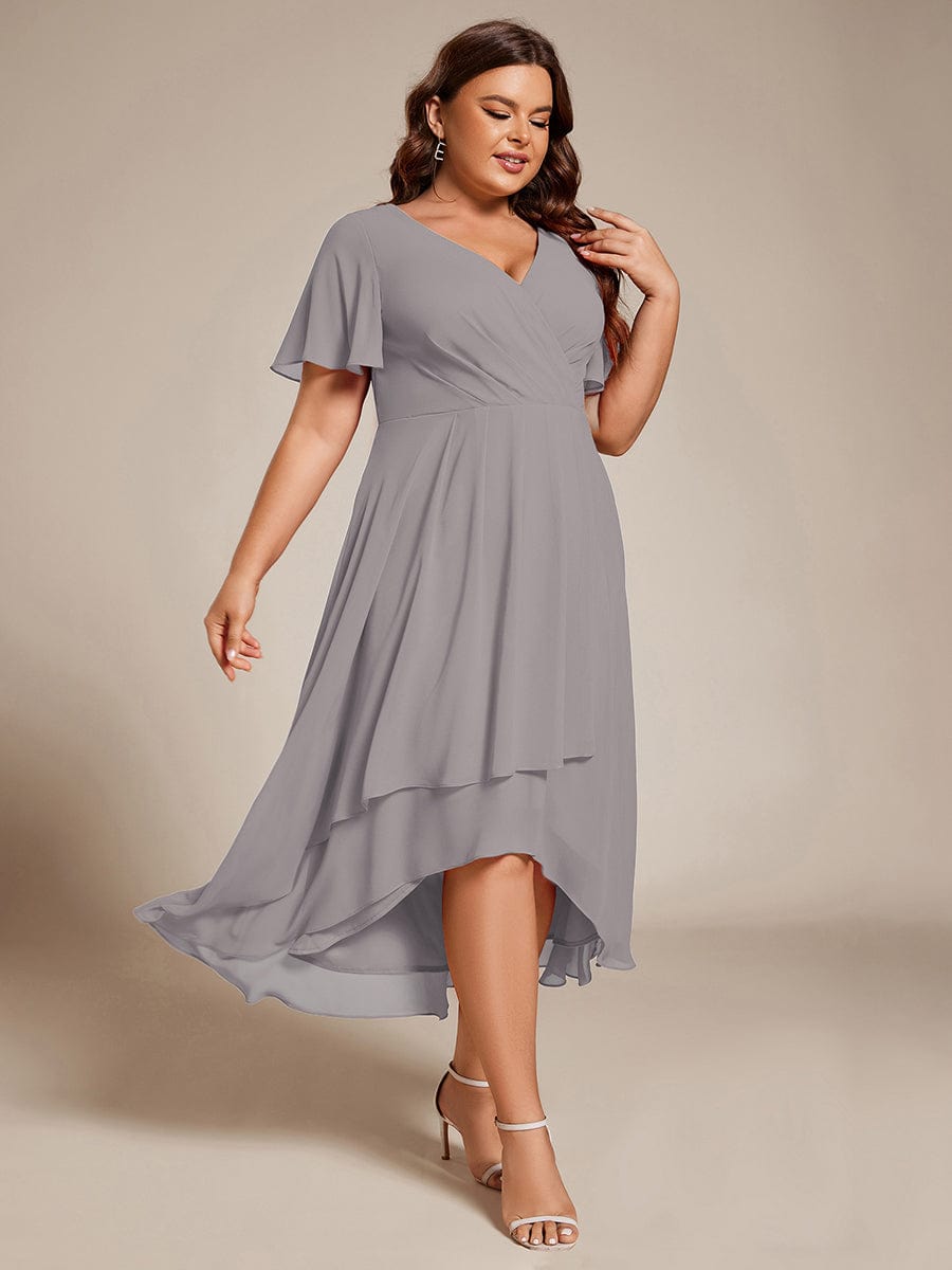 Chiffon Elegance Short Sleeve High-Low Wedding Guest Dress #color_Grey