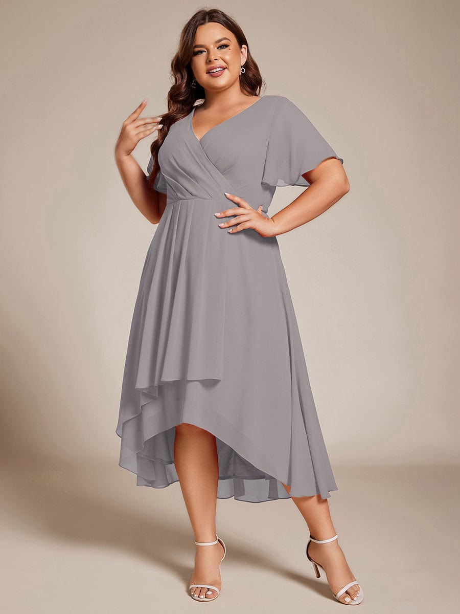 Plus Size Chiffon Short Sleeve High-Low Wedding Guest Dress #color_Grey