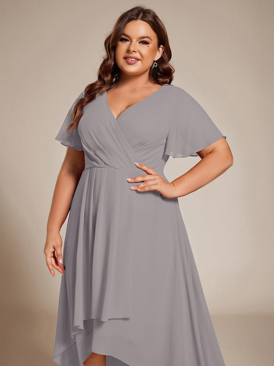 Chiffon Elegance Short Sleeve High-Low Wedding Guest Dress #color_Grey