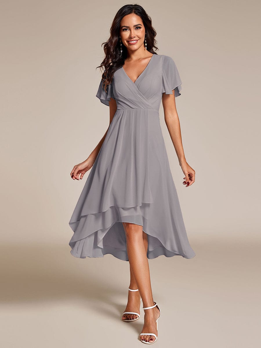 Chiffon Elegance Short Sleeve High-Low Wedding Guest Dress #color_Grey