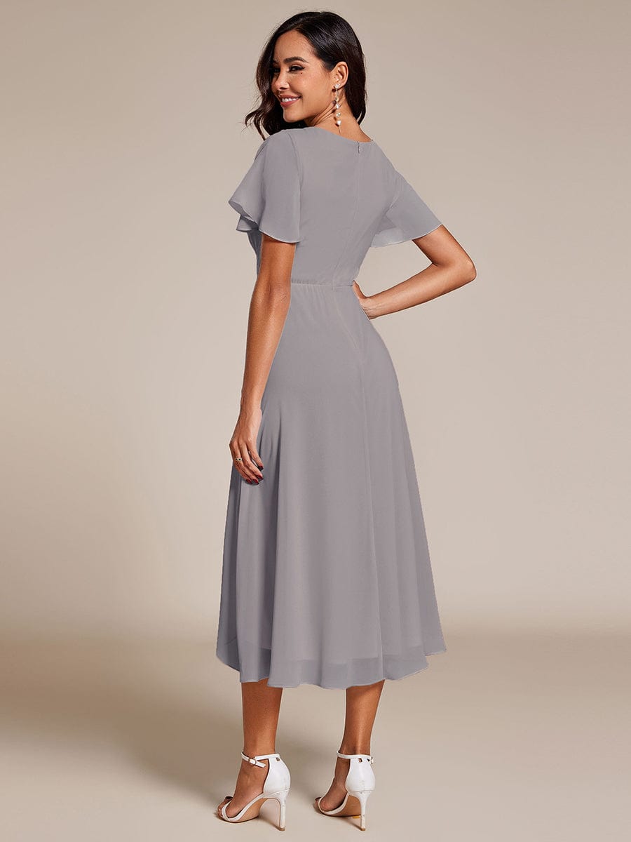 Chiffon Elegance Short Sleeve High-Low Wedding Guest Dress #color_Grey