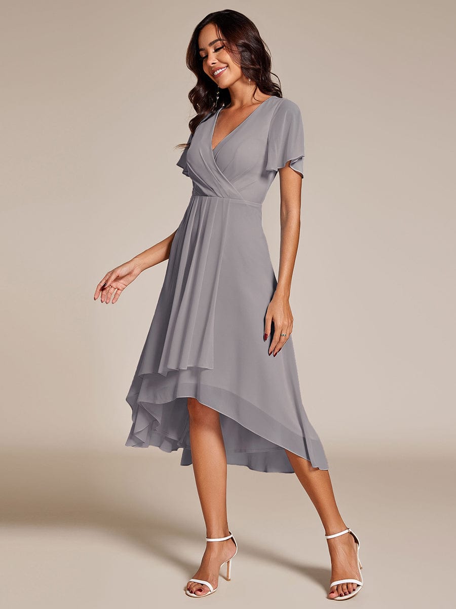 Chiffon Elegance Short Sleeve High-Low Wedding Guest Dress #color_Grey