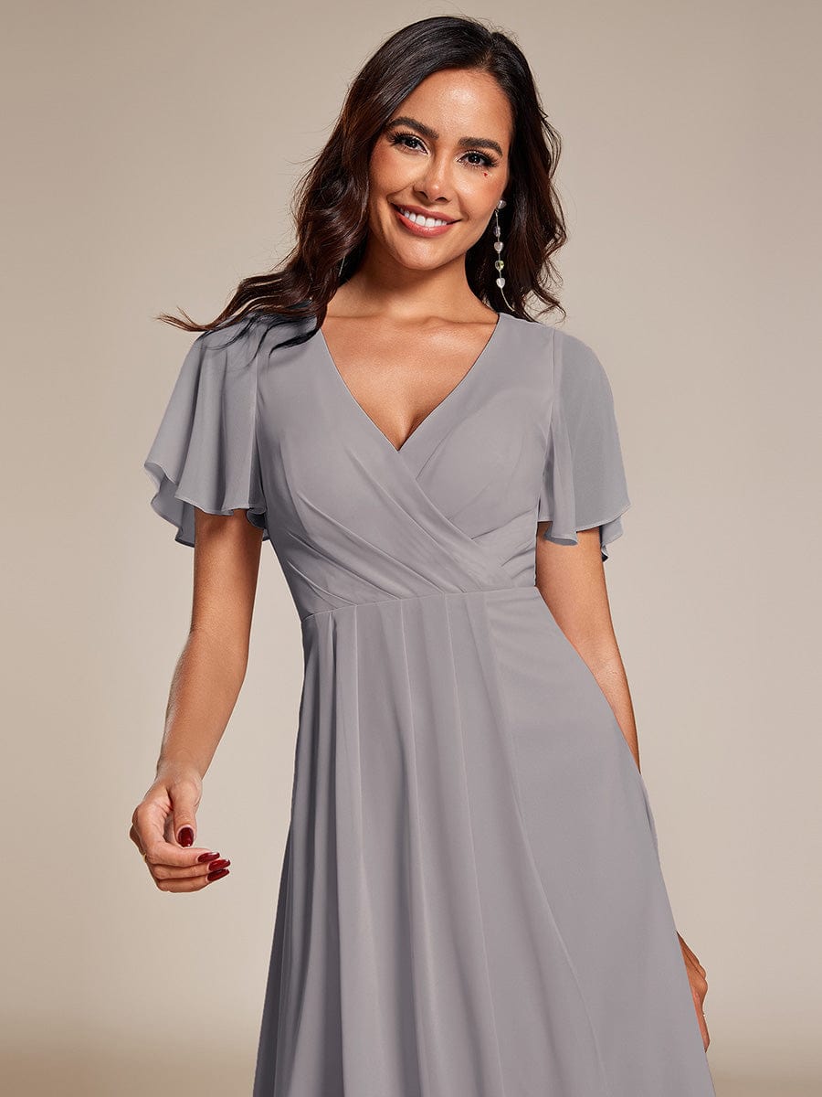 Chiffon Elegance Short Sleeve High-Low Wedding Guest Dress #color_Grey