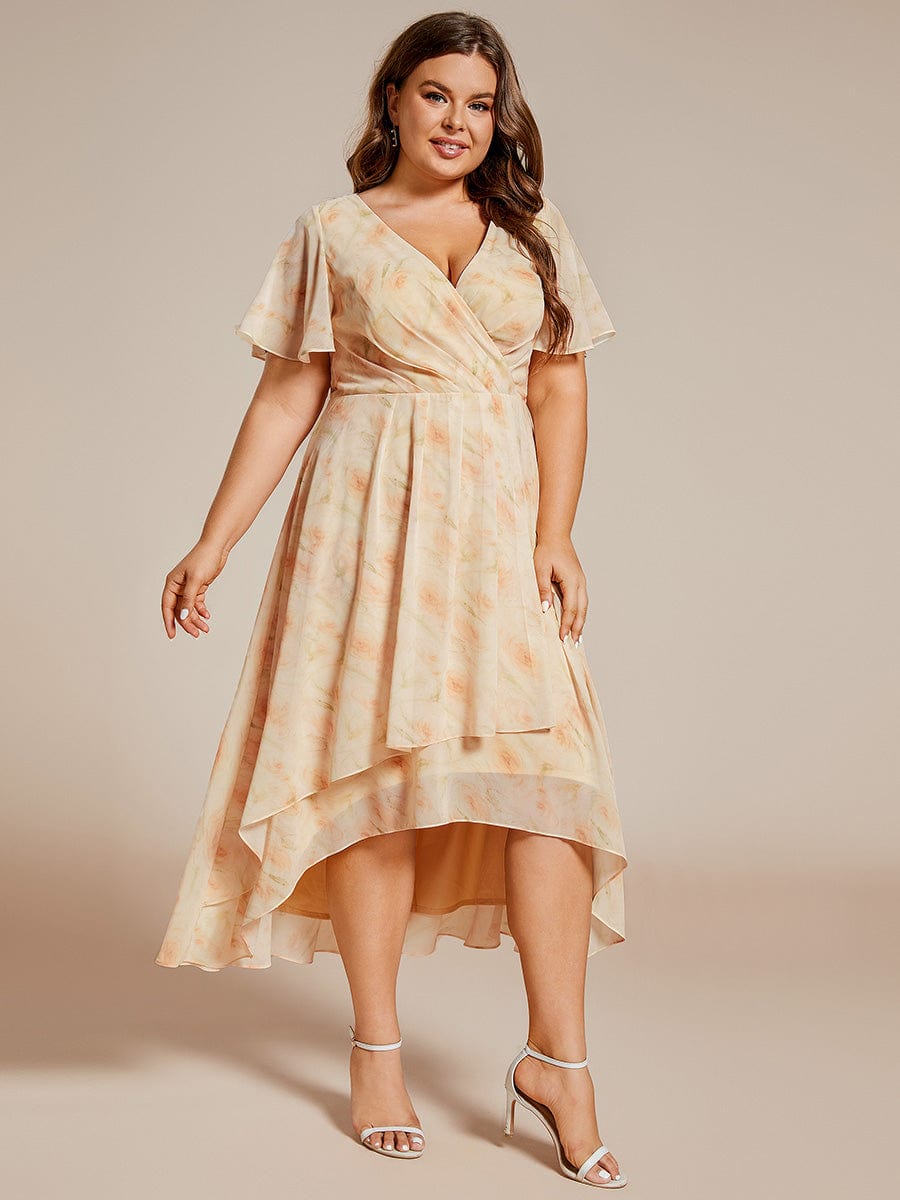 Plus Size Chiffon Short Sleeve High-Low Wedding Guest Dress #color_Golden Roses