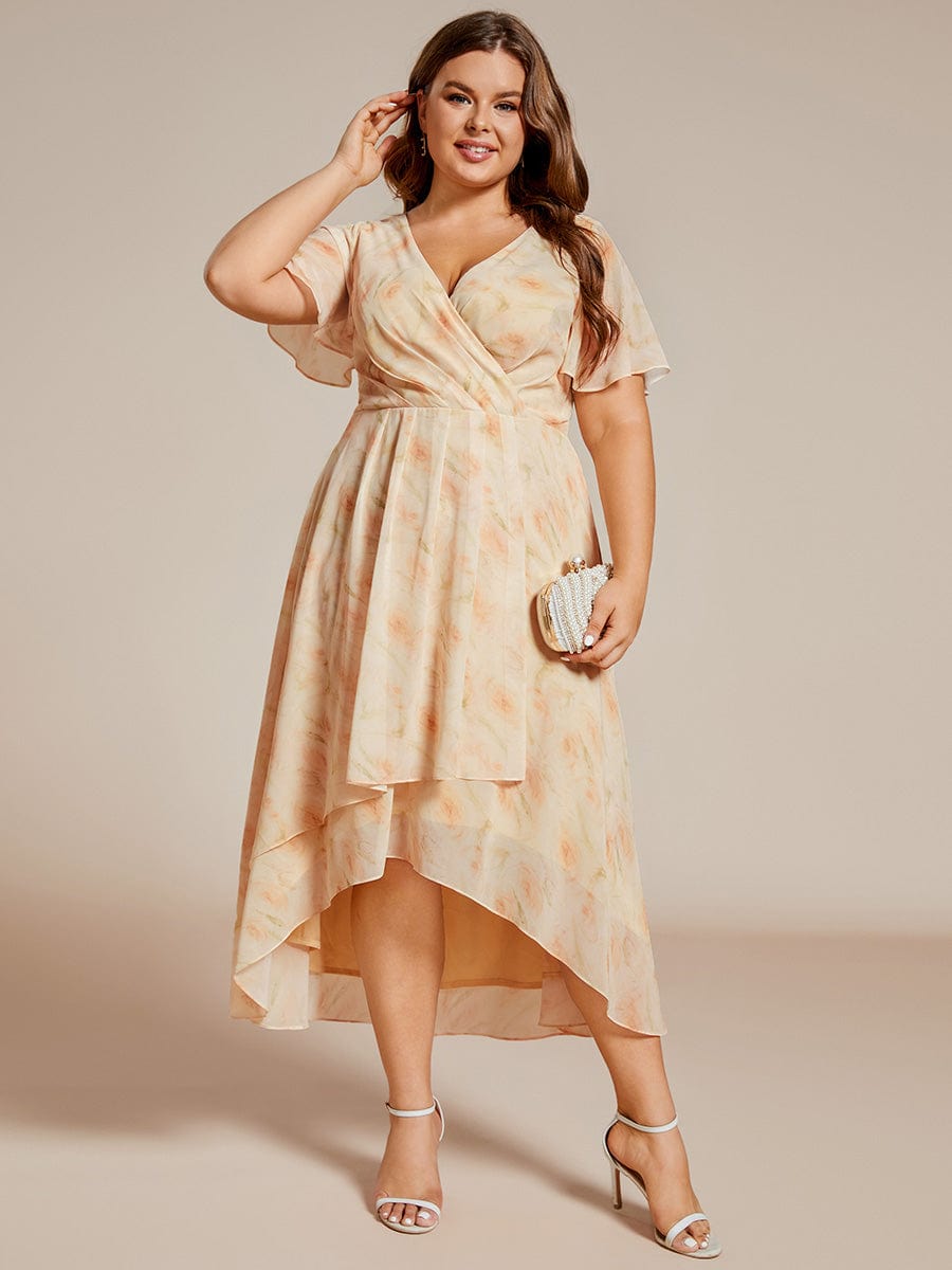 Plus Size Chiffon Short Sleeve High-Low Wedding Guest Dress #color_Golden Roses