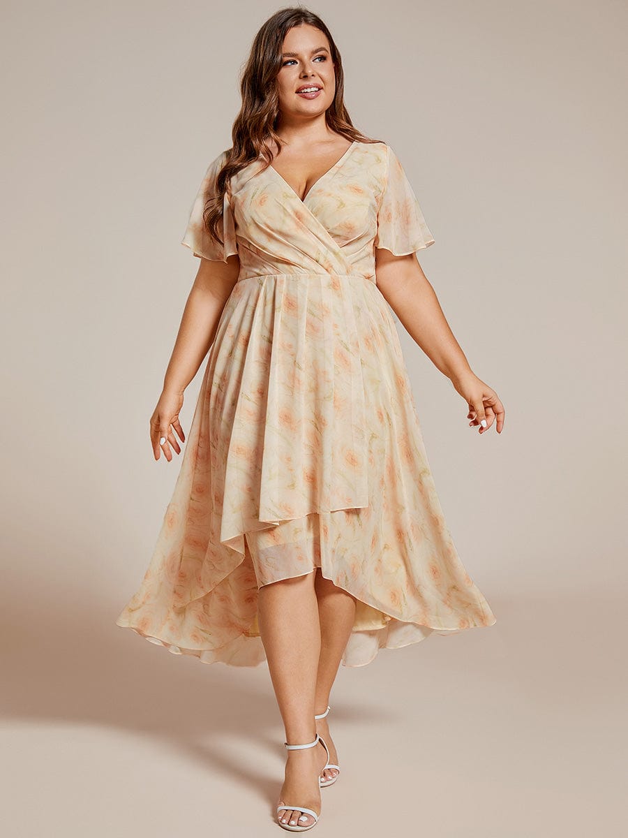 Plus Size Chiffon Short Sleeve High-Low Wedding Guest Dress #color_Golden Roses