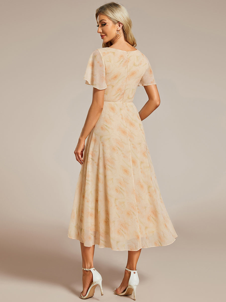 Floral Chiffon Elegance Short Sleeve High-Low Wedding Guest Dress #color_Golden Roses