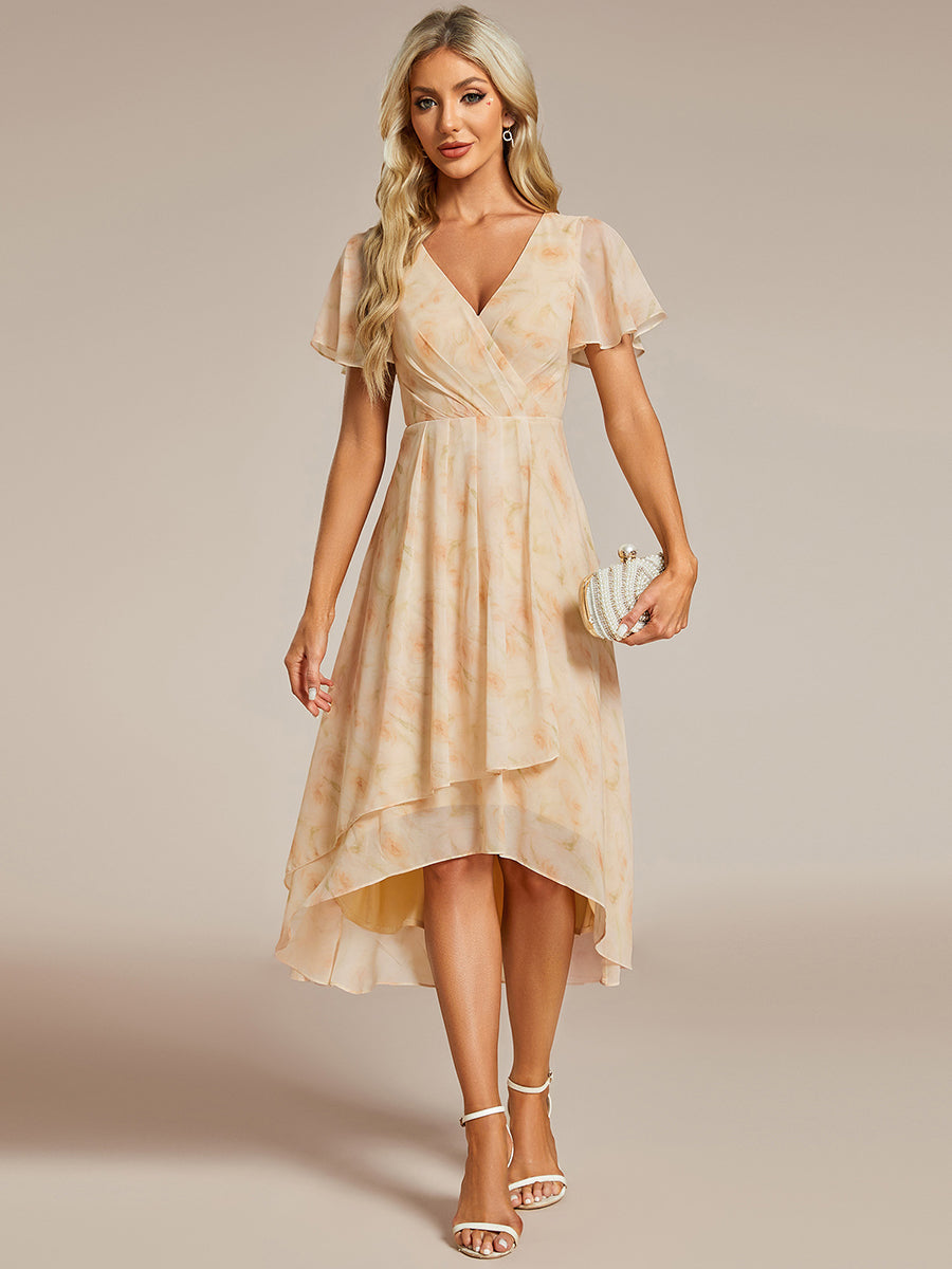 Floral Chiffon Elegance Short Sleeve High-Low Wedding Guest Dress #color_Golden Roses