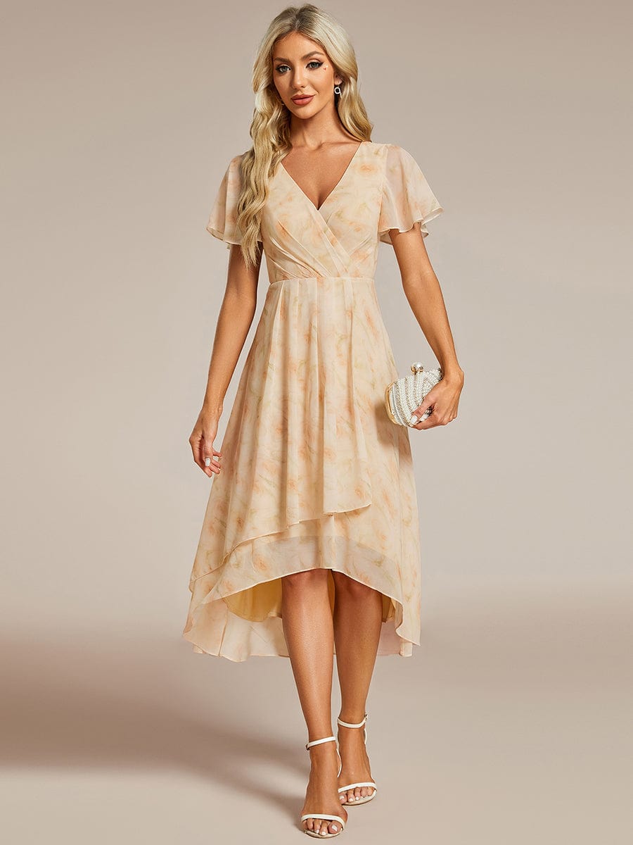 Chiffon Elegance Short Sleeve High-Low Wedding Guest Dress #color_Golden Roses