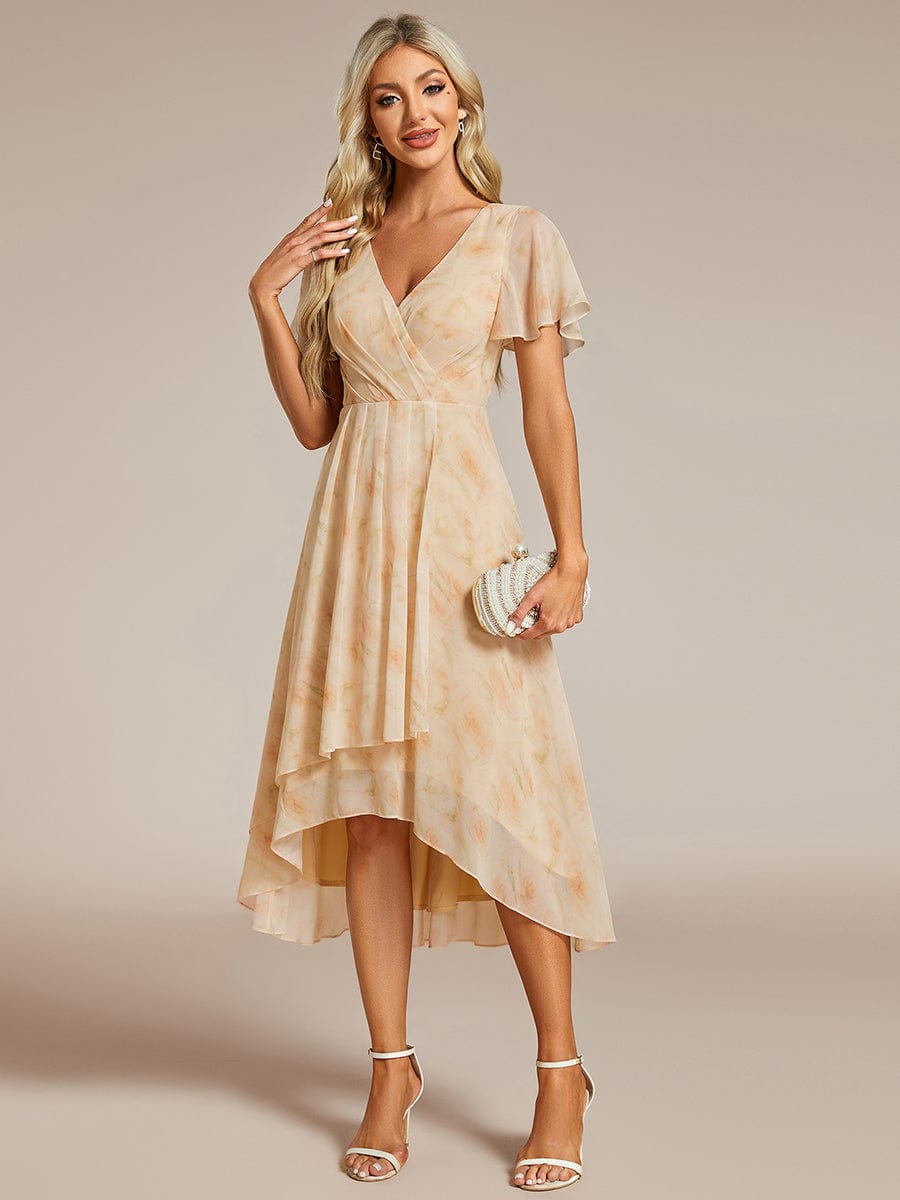 Chiffon Elegance Short Sleeve High-Low Wedding Guest Dress #color_Golden Roses