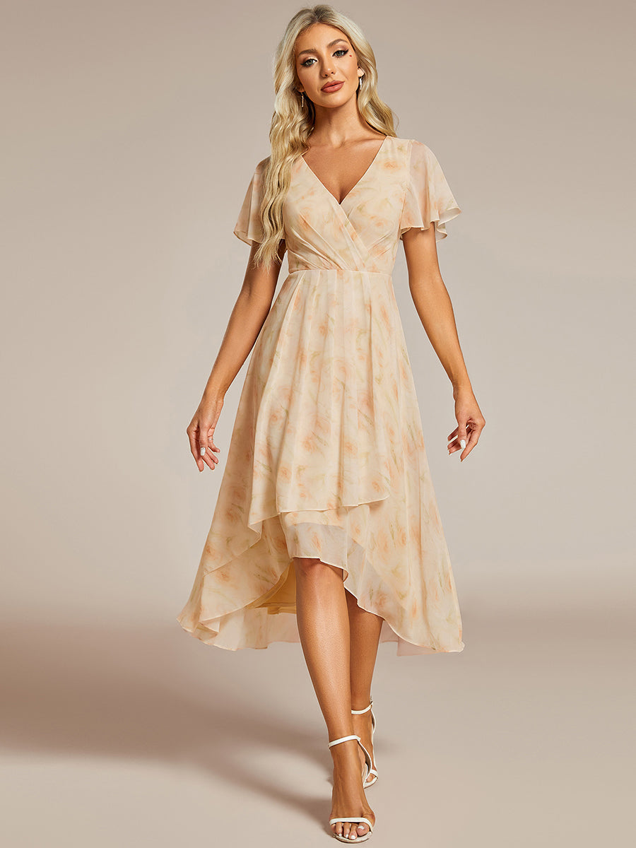 Floral Chiffon Elegance Short Sleeve High-Low Wedding Guest Dress #color_Golden Roses