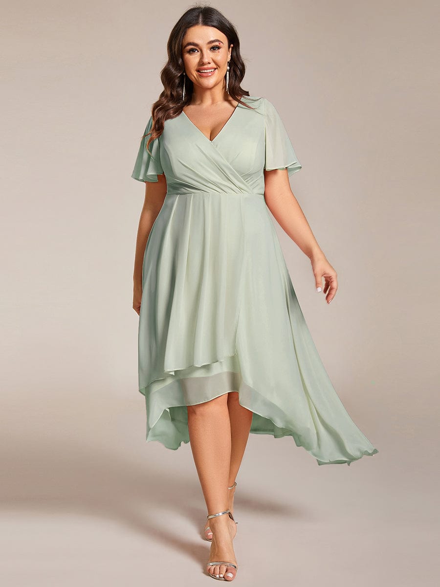 Plus Size Chiffon Short Sleeve High-Low Wedding Guest Dress #color_Mint Green