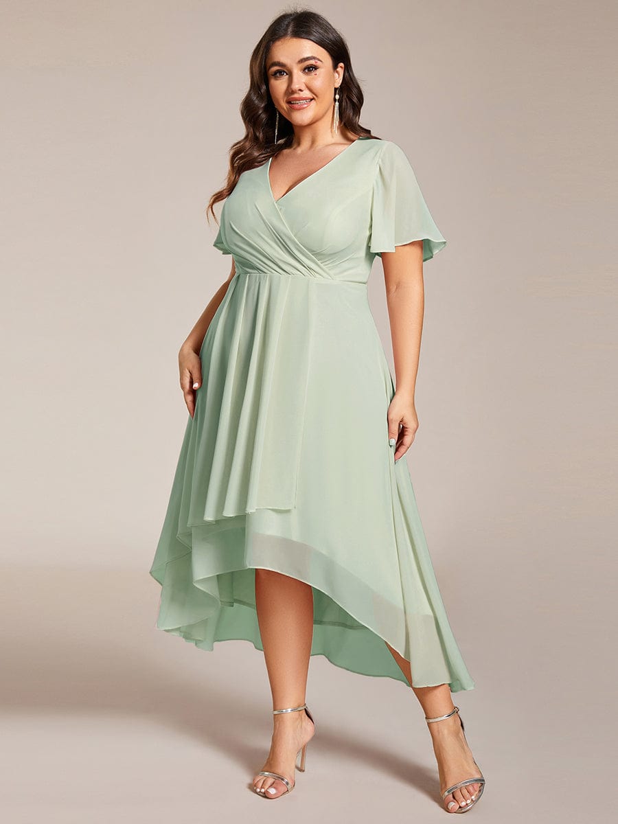 Plus Size Chiffon Short Sleeve High-Low Wedding Guest Dress #color_Mint Green