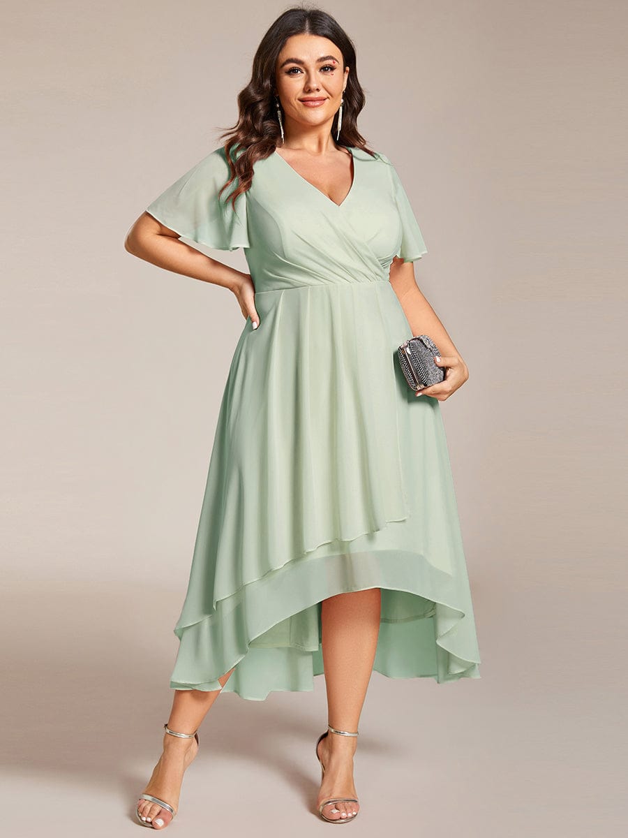 Plus Size Chiffon Short Sleeve High-Low Wedding Guest Dress #color_Mint Green